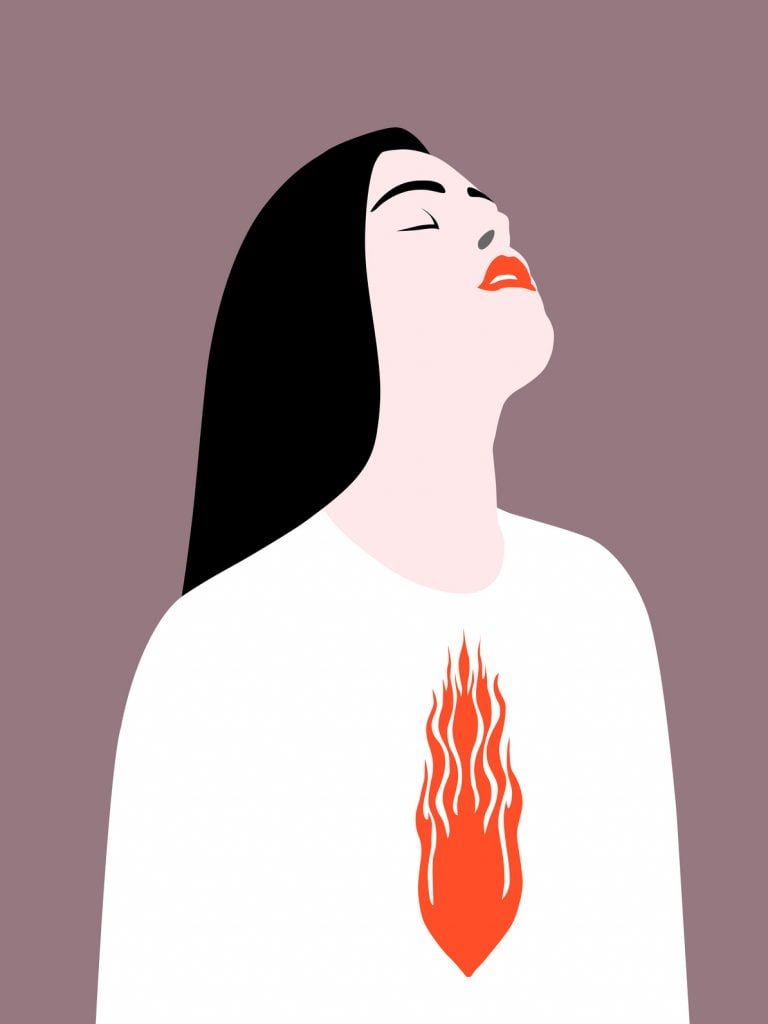 Woman with heart on fire